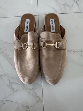 Steve Madden Taupe Suede Slip-On Mules with Gold Horsebit
